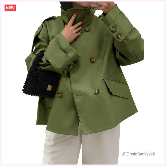 Cropped Trench Coat Oversized Double Breasted Stand Collar Casual Work Outerwear